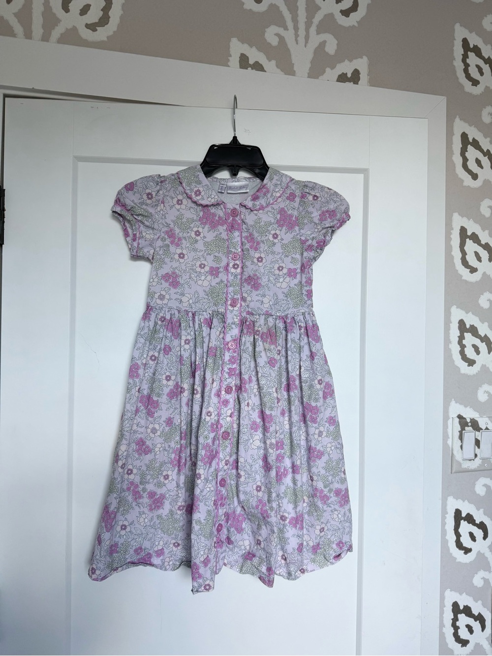 Rachel Riley Girls' Floral Lavendar Lilac Button-Front Peter Pan Cotton Dress